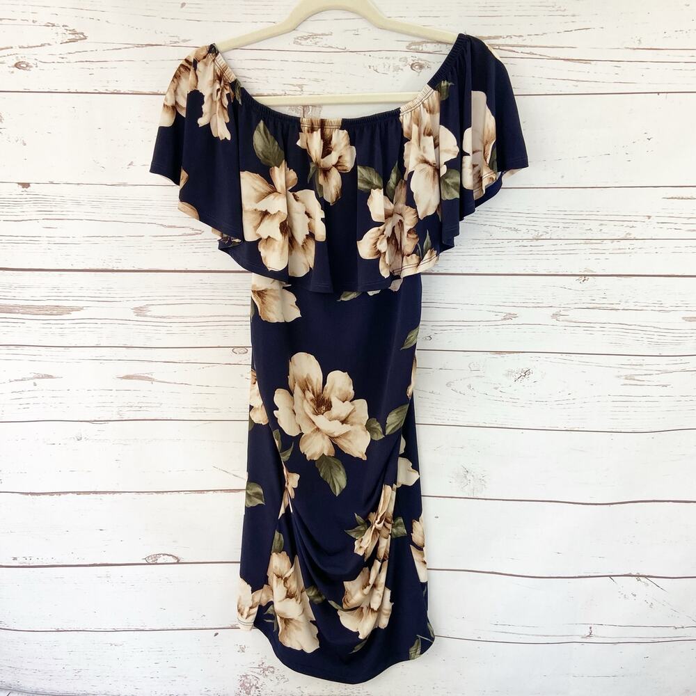 My Bump S/M Maternity Blue Floral Off Shoulder Overlay Ruffle Ruched Mini Dress - Picture 2 of 6